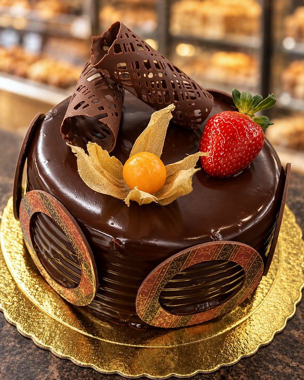 Bolo de chocolate decorado com morango e physalis, na vitrine da confeitaria