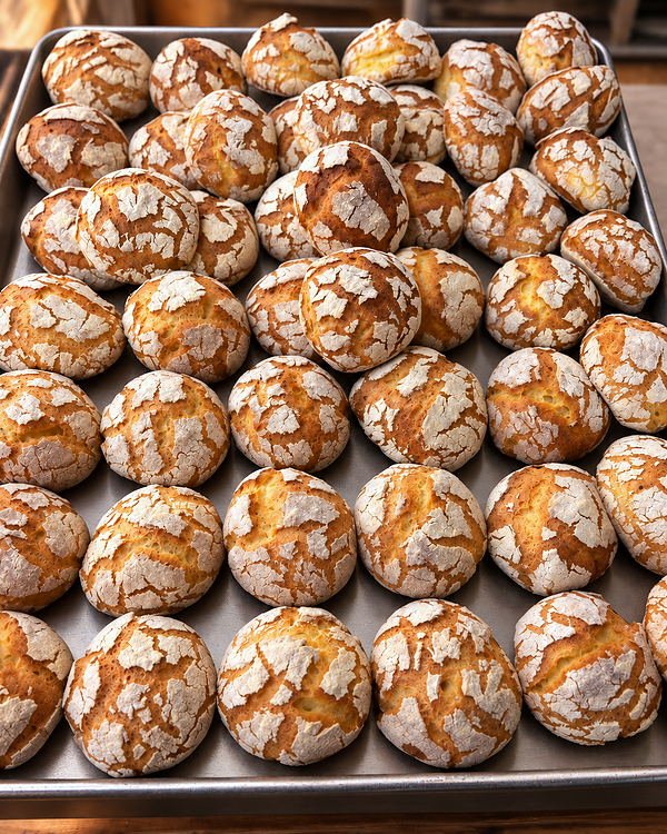 Assadeira cheia de pães rústicos de casca rachada, saídos do forno